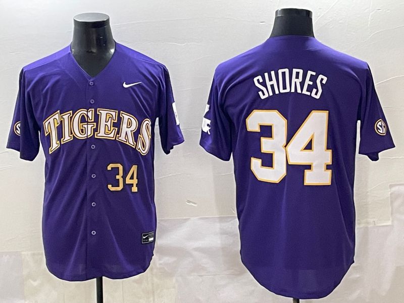 Men 2025 LSU Tigers #34 Shores Purple Joint Name Nike NCAA Jersey style 4